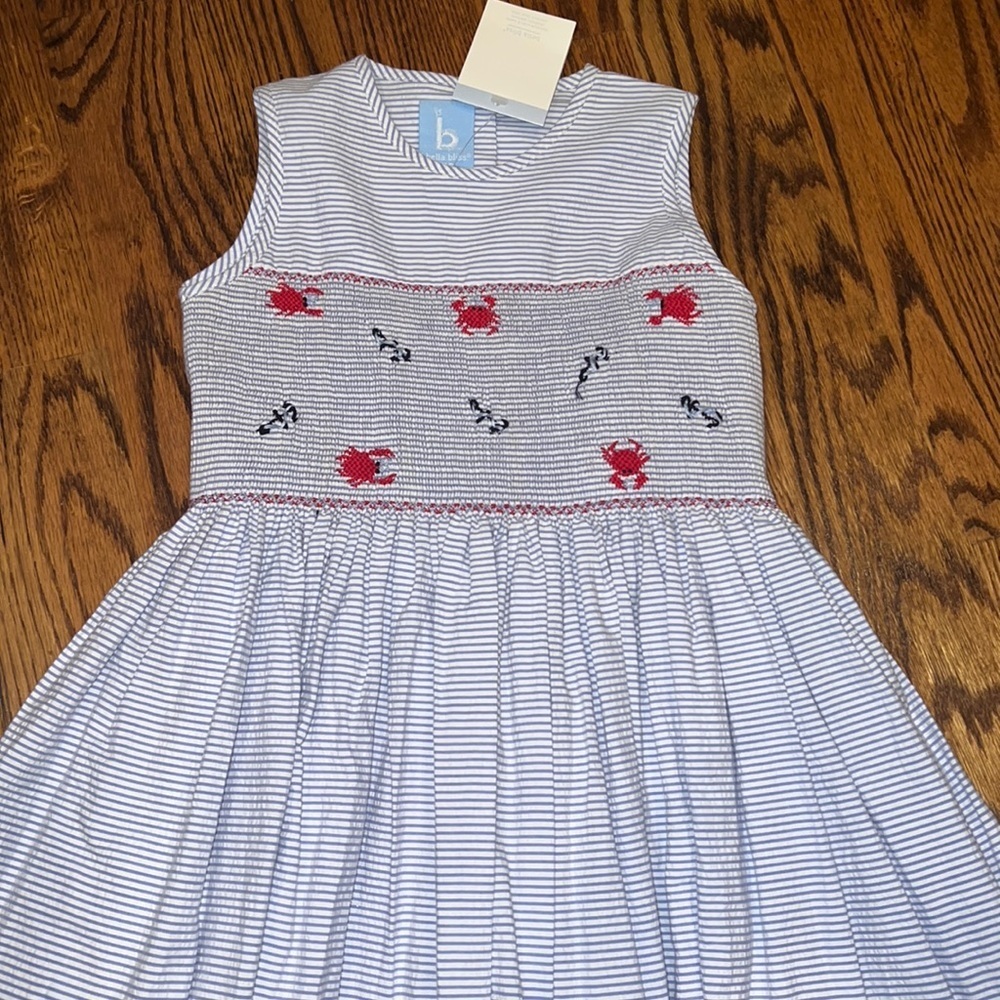 Bella Bliss girls seersucker smocked dress with embroidered anchors & crabs NWT